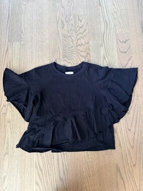 Cinq A Sept Black Cotton Short Sleeve Asymmetrical Cascading Ruffle Overlay Top